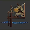 Wooden Dock Model Scene With Small Boat Ropes Figure And Blue Water Waves