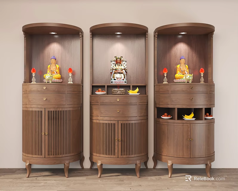 Three Wooden Buddhist Shrine Cabinets with Buddha Statues and Traditional Decorations 3d model 