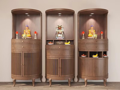 Three Wooden Buddhist Shrine Cabinets with Buddha Statues and Traditional Decorations 3d model