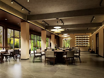 Modern Restaurant Interior With Dining Tables Chairs Windows Pendant Lights And Bookshelves 3d model
