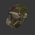Green Military Style Helmet With Metallic Face Shield And Vintage Design