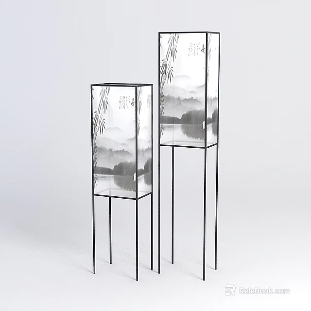 Modern Tech Exhibition Hall Featuring Vertical Chinese Ink Landscape Display With Metal Frames 3d model 