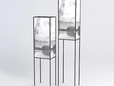 Modern Tech Exhibition Hall Featuring Vertical Chinese Ink Landscape Display With Metal Frames 3d model