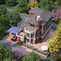 Traditional Detached Villa With Brick Exterior Gabled Roof Chimney Green Lawn And Surrounding Trees