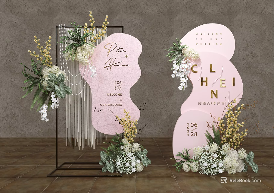 Elegant Floral Installation with Pink Irregular Backdrop White Yellow Flowers Green Foliage and Tassels 3d model 