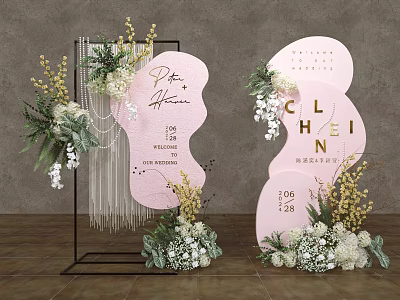 Elegant Floral Installation with Pink Irregular Backdrop White Yellow Flowers Green Foliage and Tassels 3d model