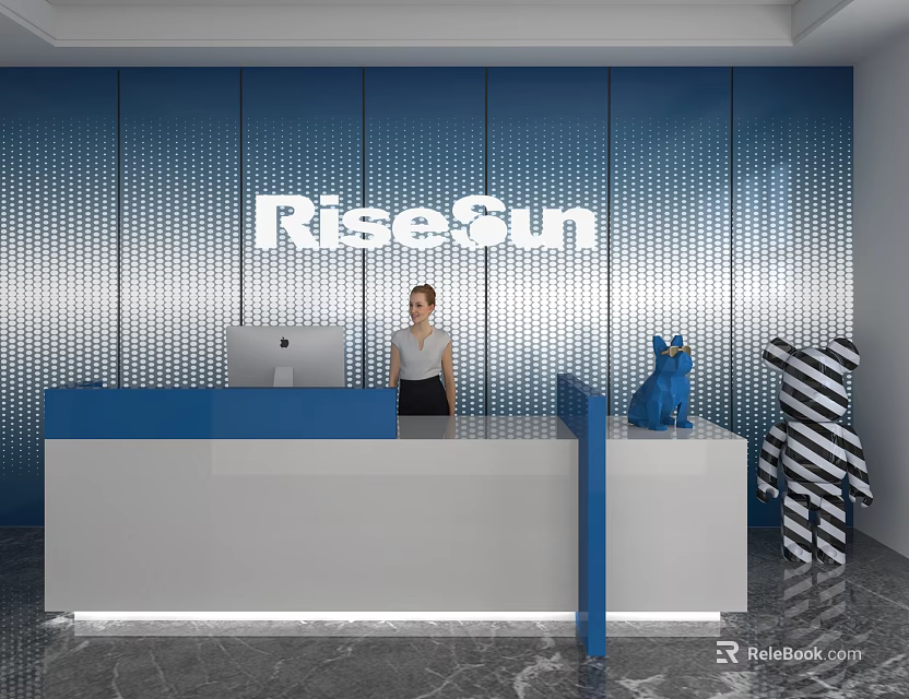 Shop Front Desk With RiseSun Blue White Design Grid Wall Cat Ornament Striped Bear Decor And Staff 3d model 