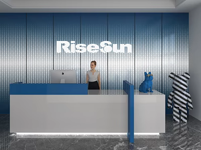 Shop Front Desk With RiseSun Blue White Design Grid Wall Cat Ornament Striped Bear Decor And Staff 3d model