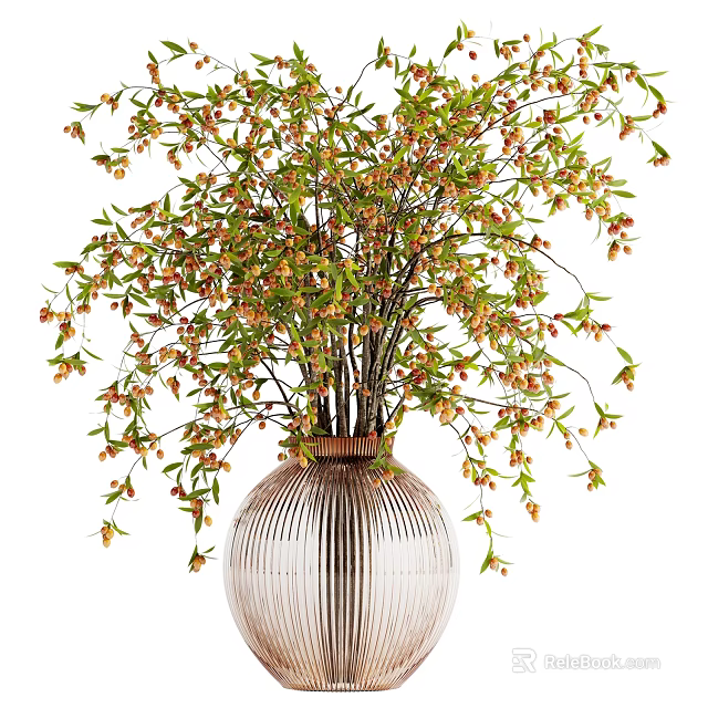 Modern Striped Ceramic Vase With Lush Green Branches And Small Red Flowers 3d model 