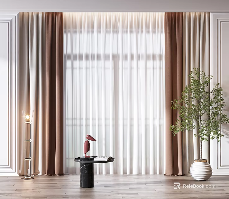 Double Layer Beige and White Curtains in Living Room with Window Plant and Floor Lamp 3d model 
