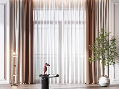 Double Layer Beige and White Curtains in Living Room with Window Plant and Floor Lamp 3d model