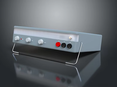 Sleek Gray Audio Device With Control Knobs Input Ports And Metal Stand Design 3d model