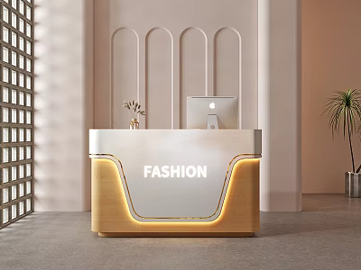 Modern Reception Desk With Fashion Signage Wooden White Design LED Lighting Arched Wall And Computer 3d model