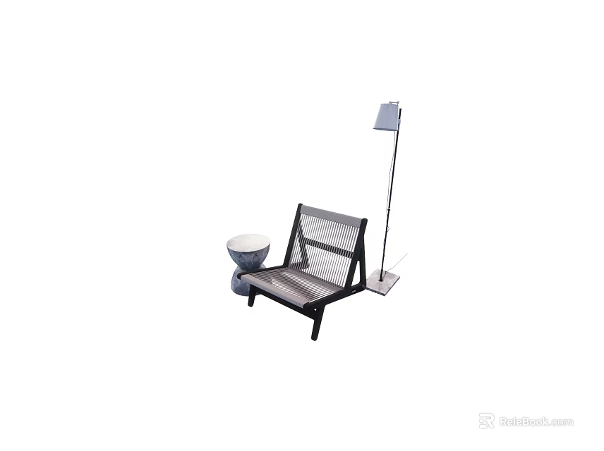 Modern Leisure Chair With Metal Frame Woven Seat And Floor Lamp Side Table 3d model 