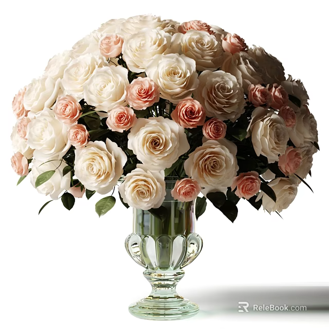 Elegant Glass Vase With White And Pink Roses And Fresh Green Leaves 3d model 