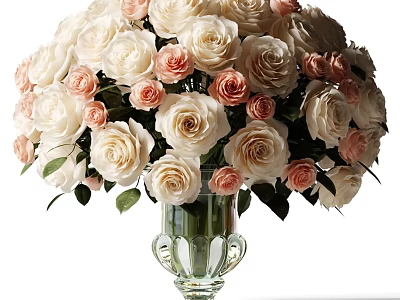 Elegant Glass Vase With White And Pink Roses And Fresh Green Leaves 3d model