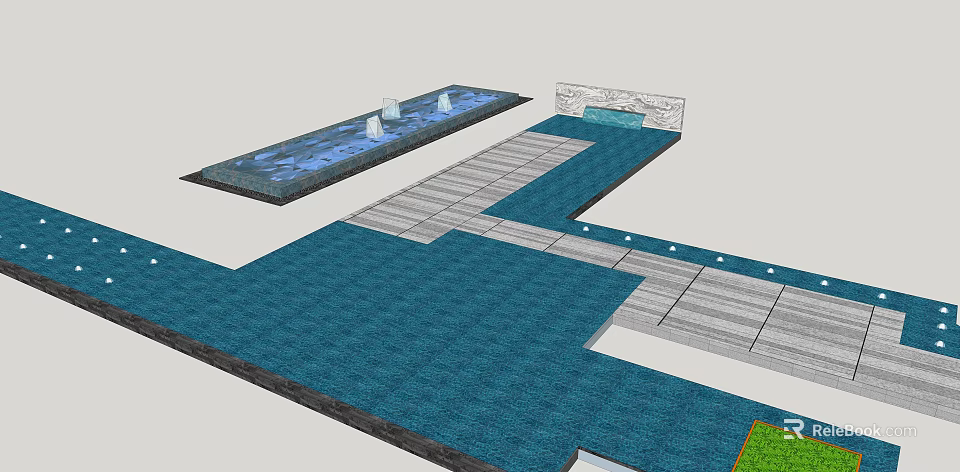 Outdoor Landscape Design Featuring Pond Stone Pathway Blue Tiles And Green Plants 3d model 