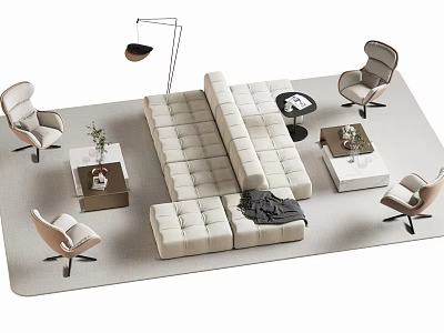 Beige Tufted Sectional Sofa With Accent Chairs And Side Tables In Modern Living Space 3d model