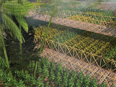 Beautiful Scenic Landscape With Wooden Walkway Palm Trees Lush Greenery And Yellow Flowers 3d model