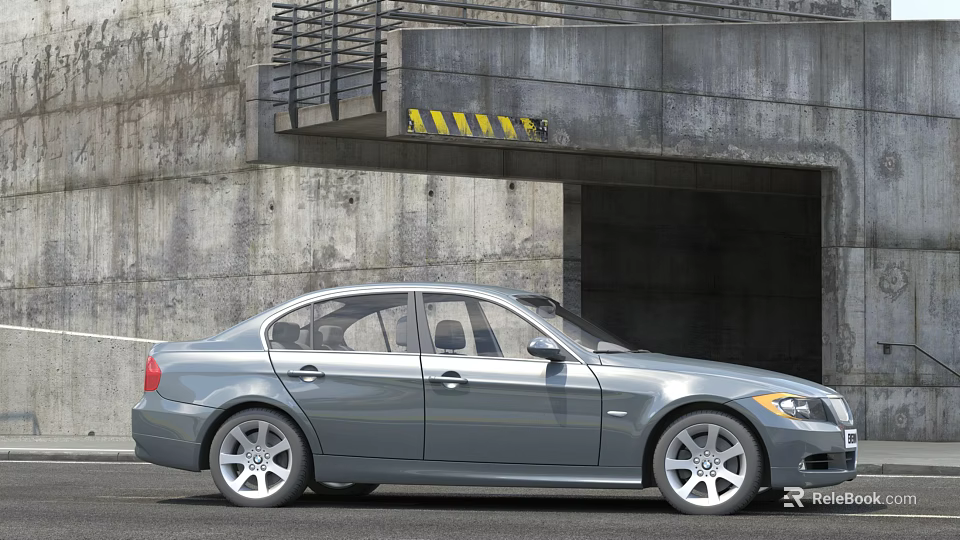 Silver Sedan Parked at Concrete Tunnel Entrance With Yellow Black Warning Stripes 3d model 