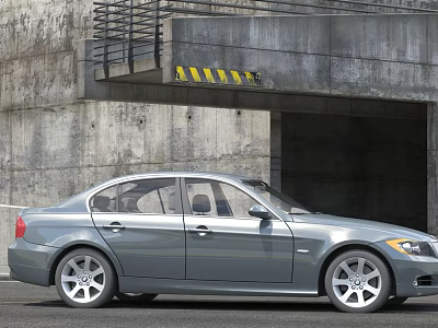 Silver Sedan Parked at Concrete Tunnel Entrance With Yellow Black Warning Stripes 3d model