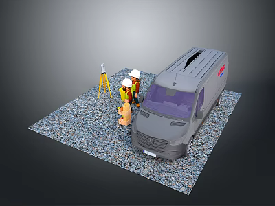 Workers Standing With Surveying Measurement Equipment Near Gray Van On Gravel Ground 3d model