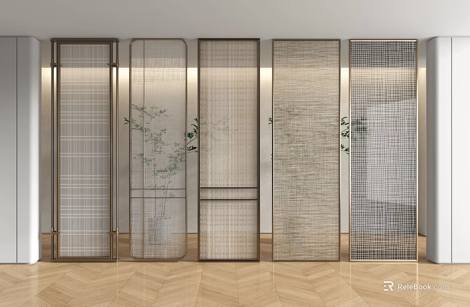Modern Interior Room Dividers With Various Grid Patterns And Decorative Plants 3d model