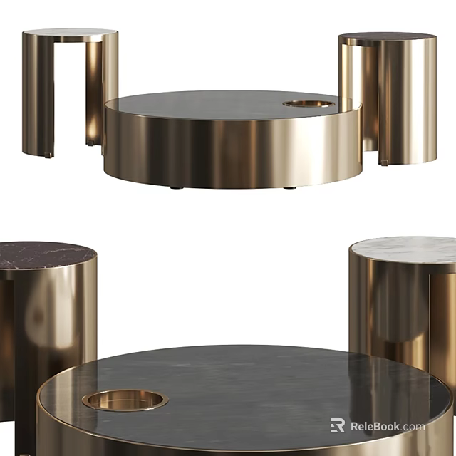 Modern Elegant Coffee Table With Brass Legs And Round Marble Wooden Tops 3d model 