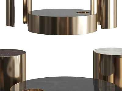 Modern Elegant Coffee Table With Brass Legs And Round Marble Wooden Tops 3d model