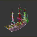 Detailed Wooden Sailing Ship Model With Multiple Masts And Decorative Elements