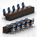 Spacious Conference Room Interior With Wooden Tables And Blue Chairs Layout
