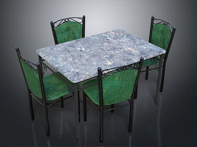 Elegant Dining Set With Marble Top Green Seats And Carved Backs Black Metal Legs 3d model