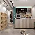 Modern Café Interior With Wooden Counter Green Chair Shelves And Cat