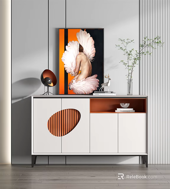 Modern Entryway Console Cabinet With White Body Circular Wooden Decor And Vase 3d model 