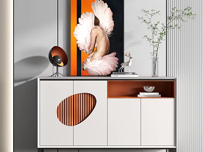 Modern Entryway Console Cabinet With White Body Circular Wooden Decor And Vase 3d model