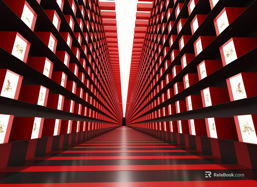 Exhibition Hall Featuring Red Shelves White Display Boxes Golden Patterns And Symmetrical Extended Aisle 3d model 