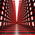 Exhibition Hall Featuring Red Shelves White Display Boxes Golden Patterns And Symmetrical Extended Aisle