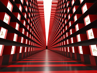Exhibition Hall Featuring Red Shelves White Display Boxes Golden Patterns And Symmetrical Extended Aisle 3d model