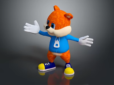Playful Orange Cartoon Game Character in Blue Shirt With White Gloves and Blue Shoes 3d model