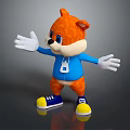 Playful Orange Cartoon Game Character in Blue Shirt With White Gloves and Blue Shoes