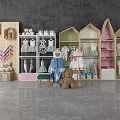 Cute Children's Clothes Display With Wooden House Shaped Racks Various Styles And Teddy Bears