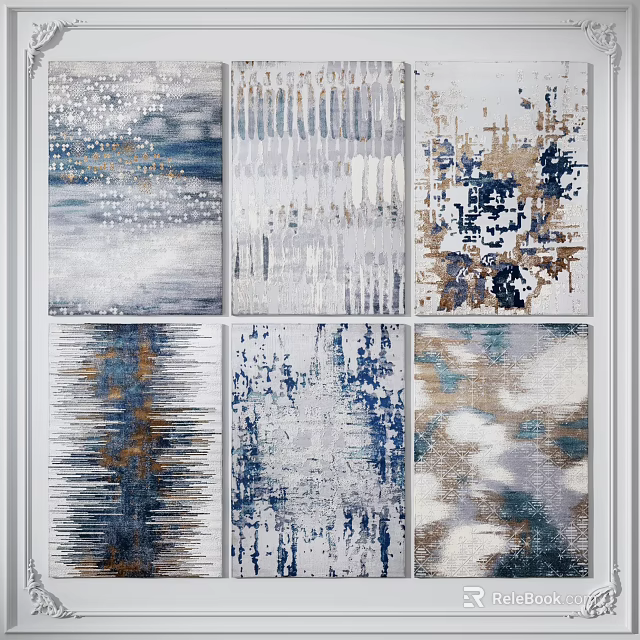 Stylish Square Rugs With Abstract Blue Gray Gold Patterns For Modern Decor 3d model 
