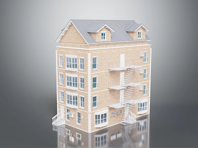 Multi Story Brick Residential Building With Gray Roof Windows And Fire Escape Stairs 3d model