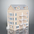 Multi Story Brick Residential Building With Gray Roof Windows And Fire Escape Stairs