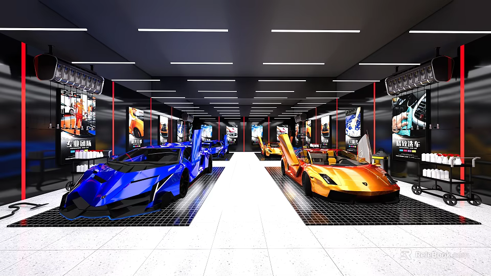 Luxury Car Showroom Display With Blue And Orange Sports Cars And Modern Lighting 3d model 