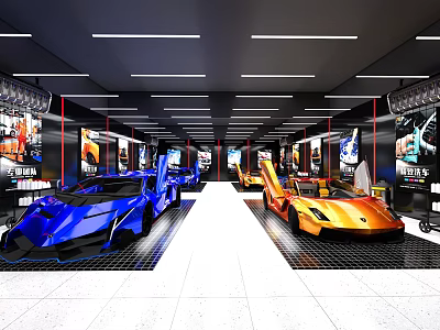 Luxury Car Showroom Display With Blue And Orange Sports Cars And Modern Lighting 3d model