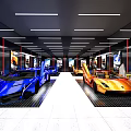 Luxury Car Showroom Display With Blue And Orange Sports Cars And Modern Lighting