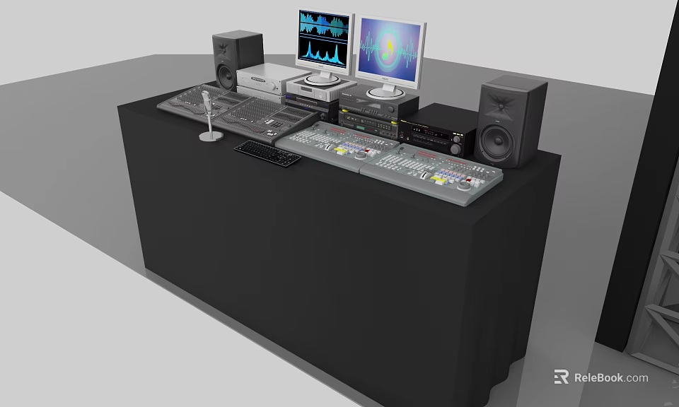 Professional Stage Audio Control Setup With Mixer Monitors Speakers And Microphone 3d model 