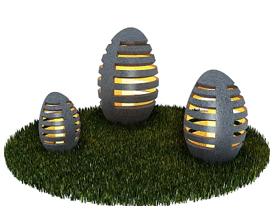Gray Egg Shaped Outdoor Stone Lights With Hollow Stripes Illuminated On Grass 3d model