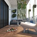 Cozy Home Balcony with Pergola Wooden Floor Green Plants and White Chair